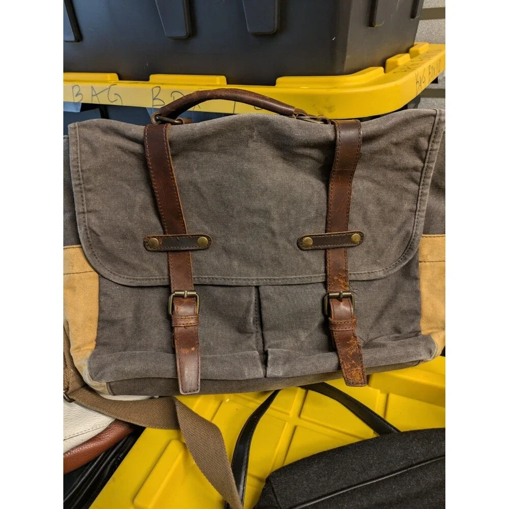 Messenger Bag Gray Canvas Brown Leather Satchel Cross Body Shoulder